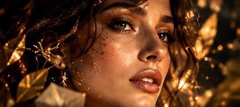 Immagine creativa AI con ritratto femminile, luci dorate e atmosfera cinematografica