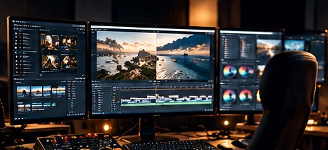 Copertina illustrativa di una postazione di montaggio video e color grading
