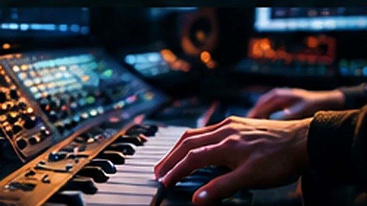 Visual di concept di una tastiera musicale in uno studio di produzione