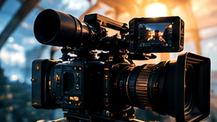 Videocamera professionale su un set, visual di concept per video AI