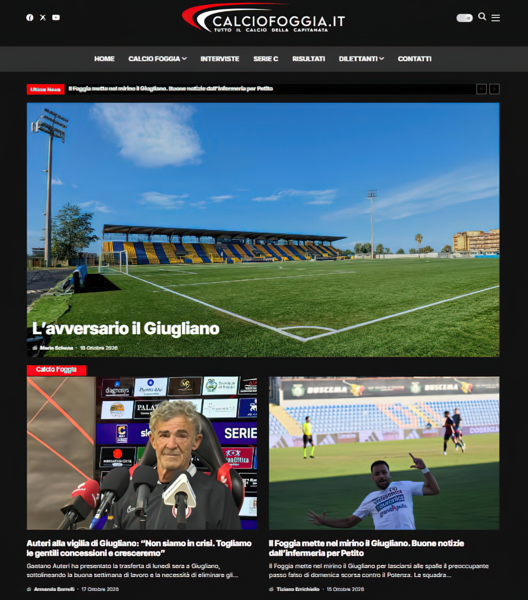 Screenshot della homepage di Calcio Foggia Magazine, testata dedicata al Calcio Foggia 1920